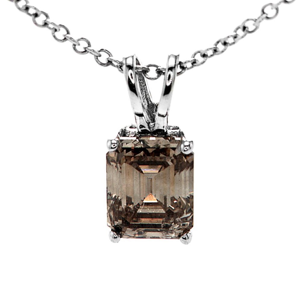 Emerald Cut Diamond Solitaire Pendant Fancy Champagne 14K White Gold VS1 1 Carat